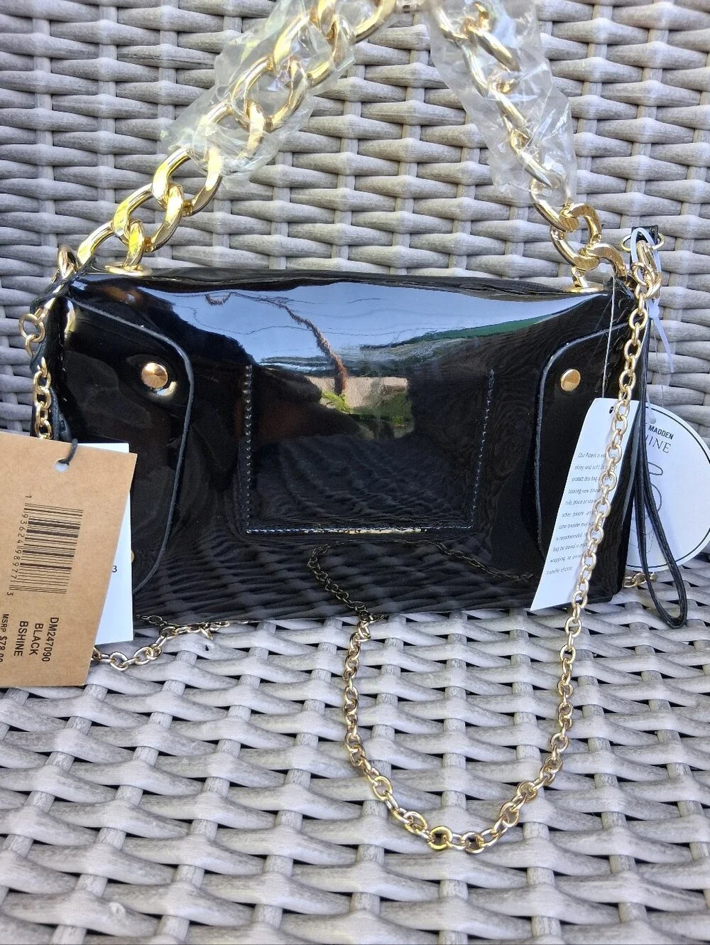 Steve Madden Black Patent Shoulder Bag with Gold Chain Accent